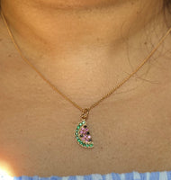 14K Watermelon Pendant Pink Sapphire black spinel and emerald OR tsavorite