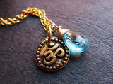 SALE last one Karma Caribean 22K Gold plated bali style om with Grade AA teal apatite yoga sanskrit necklace chain